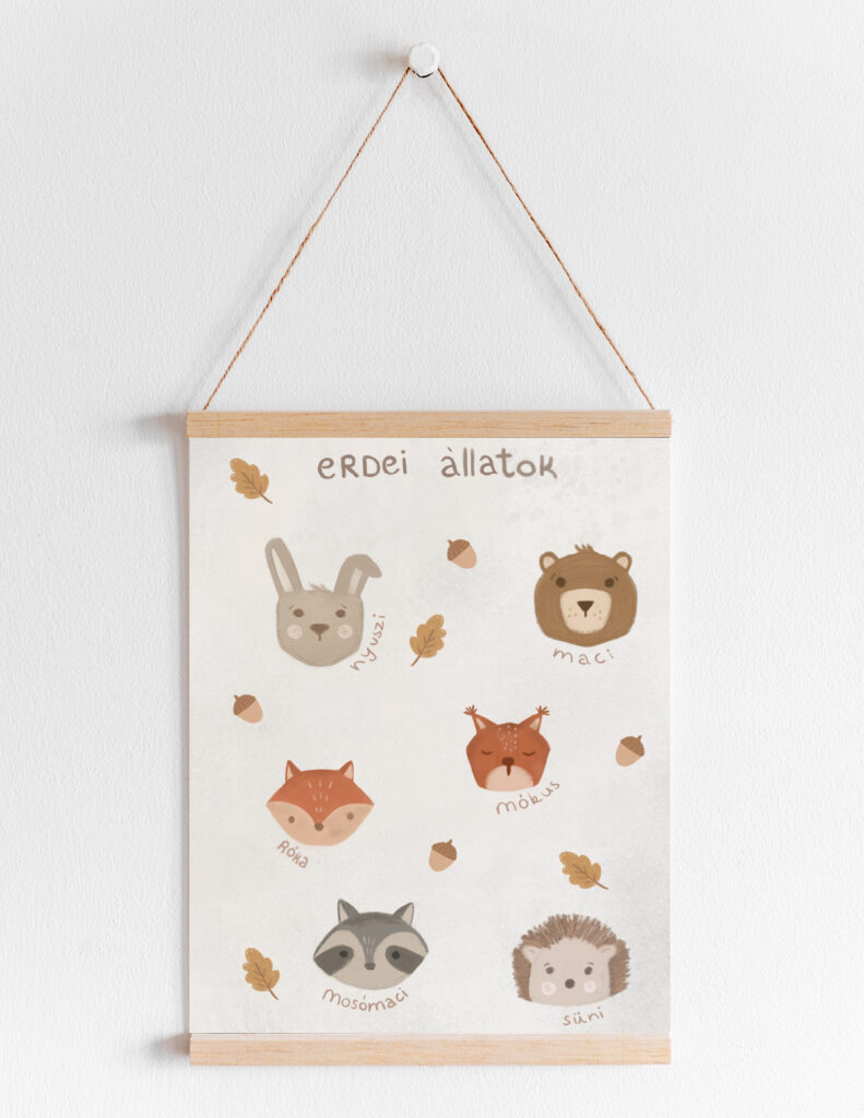 Erdei állatok gyerekszobai falikép keretben